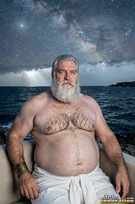 By a dark ocean under starry skies, a shirtless bearded man sits wearing a white wrap
