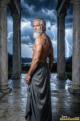 Standing in the rain, a bare-chested man with a silver beard looks back during a storm