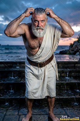 A full-bearded man in a cream tunic touching his hair by the sea
