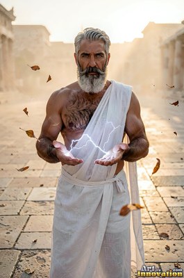 A silver-bearded man wrapped in a white robe holds lightning between his hands in warm light