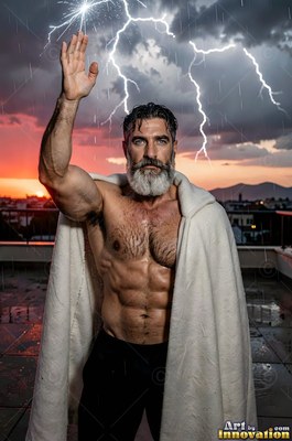 A full-bearded man stands on a rooftop with his hand raised under storm lightning