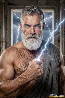 A broad-shouldered man with a white beard holds a crackling lightning bolt in his raised fist
