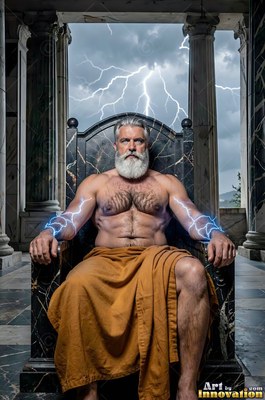 A muscular, bearded man sits on a stone throne with lightning around his arms