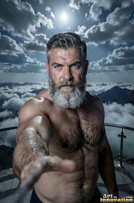 A thick graying beard frames an unclothed-torso man reaching forward on a mountain terrace