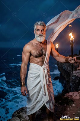 A man who has a beard holds a flaming torch on a cliff by the dark blue sea