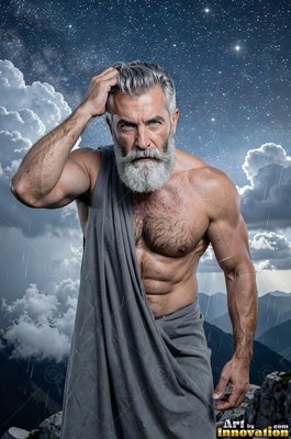 Standing on a mountain peak, a gray-full-bearded man touches his hair beneath stars