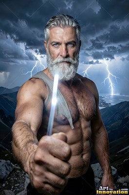 A muscular silver-full-bearded man holds up a bright lightning bolt before stormy clouds