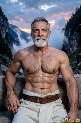 In a cloudy mountain valley, a well-built man with a white beard sits shirtless