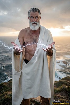 A bearded man in a white robe holds lightning above the ocean