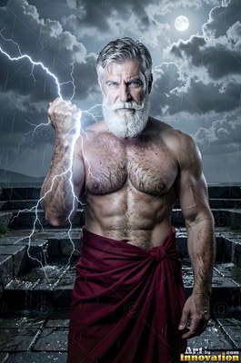 A man sporting a beard holds white lightning in his raised fist under a dark sky