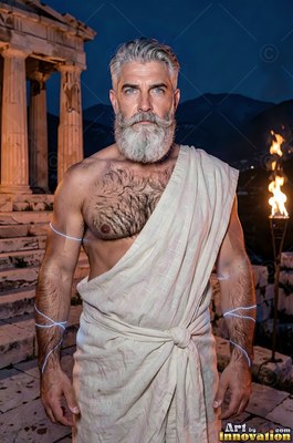 Standing by an ancient temple, a gray-full-bearded man wears a white toga at night
