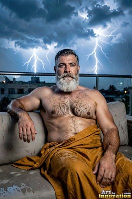 An unclothed-torso man sporting a beard sits on a rooftop sofa in front of lightning and dark clouds