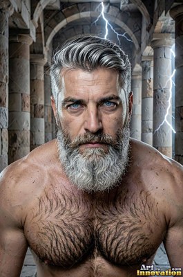 Bare-chested man with a silver beard under stone arches and lightning