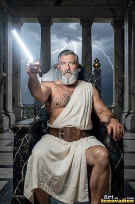 Wearing an off-white toga, a man sporting a beard on a dark stone throne holds a beam of bright white light