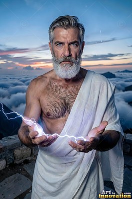 A man who has a beard holds crackling white lightning across his open hands at dusk