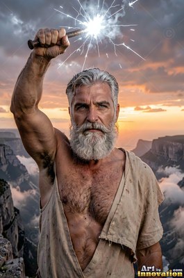 Facing forward high on a cliff, a bearded man raises sparking iron at sunset