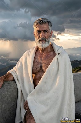 A bearded older man in a white cloak sits outdoors under dark storm clouds