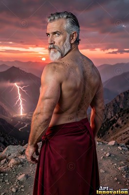 On a mountain ridge at sunset, a shirtless, gray-bearded man in a red wrap looks back