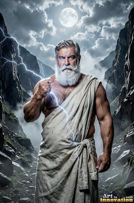 Clutching lightning in his fist, a full-bearded man in a beige tunic stands between cliffs