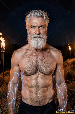 A shirtless man with a beard outdoors at night with lightning on his arms