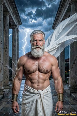 A white cloth wraps around a broad-shouldered man standing between stone pillars under lightning