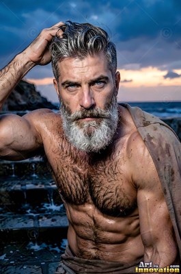 A full-bearded man runs a hand through his gray hair against a dark blue sky
