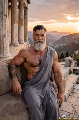 Seated on a terrace, a muscular gray-bearded man in a tunic at sunset