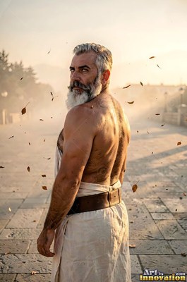 A bare-chested man with a gray beard looks back over his shoulder in wind
