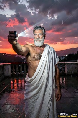 On a wet terrace at sunset, a man sporting a beard wearing a white toga holds up a bright light