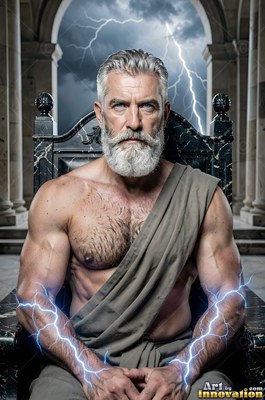 A man with a beard sits on a dark throne with pale blue lightning on his arms