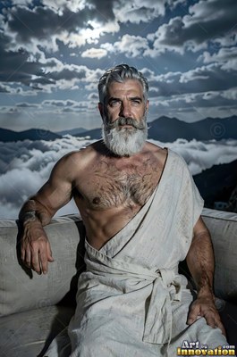 Seated on a terrace above clouds, a full-bearded man wears a white robe