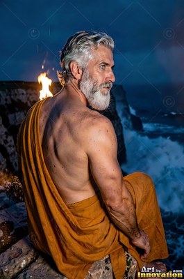 A muscular older man in an orange robe sits on a cliff near a small fire by the dark sea
