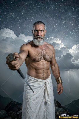 Under a starry sky, a muscular, man with a beard holds out a sword on a mountain peak