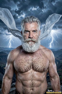 Staring forward bare-chested, a silver-man who has a beard stands before blue lightning storms