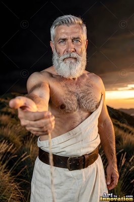 A silver-man with a beard reaches out in a white tunic outdoors