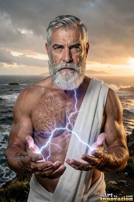A white toga drapes a bearded man holding lightning in his hands by the sea