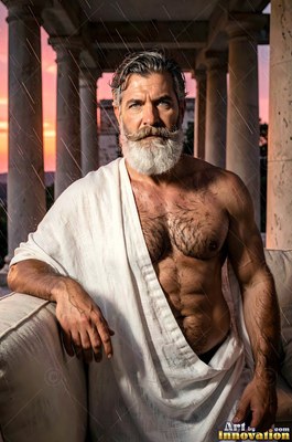 A man with a beard sits in a white toga under stone pillars as rain falls in pink dusk light