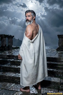 Turned away on a wet stone terrace, a man who has a beard in a white robe looks back