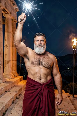 A man with a bare chest with a white beard holds up a spark ler beside stone pillars