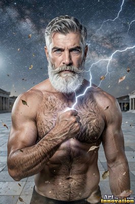 On an open stone terrace, a shirtless gray-bearded man catches white lightning in his fist