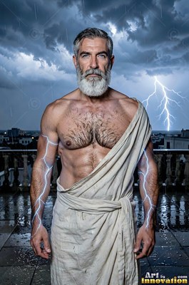 Standing on a wet terrace, a bare-chested man who has a beard wears a pale cloth as lightning strikes