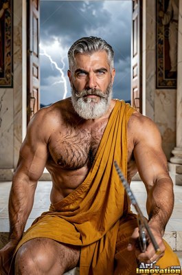 Muscular gray-haired man in a yellow robe kneeling before lightning