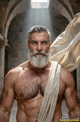 A thick white beard covers the muscular man standing under skylight in a stone hall