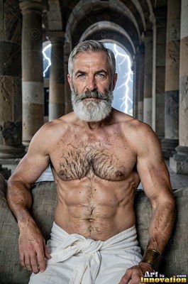 A silver-bearded man sits shirtless as white lightning flashes behind stone pillars