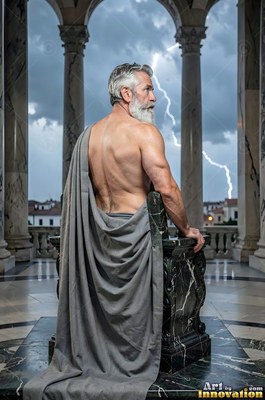 Seen from behind, a bare-backed man sits on a stone throne as lightning strikes