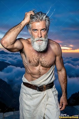 A shirtless older man with a white beard touches his hair above clouds at dusk