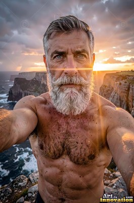 On rocky ocean cliffs, a muscular, gray-full-bearded man takes a selfie at sunset