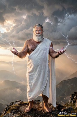 Holding lightning in open hands, a full-bearded man draped in a white robe stands on a cliff peak