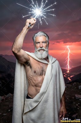 Man sporting a beard wrapped in a white robe holds a sparkler against a stormy sky