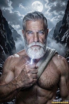 A silver-man who has a beard grips lightning in his fist before rocky mountain peaks under the moon